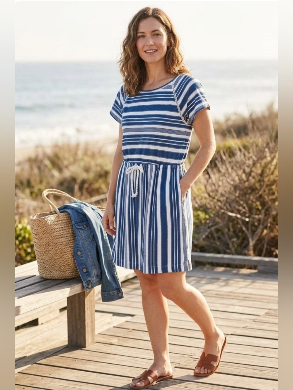 Loft Beach Dress, Size M, Nautical Striped, Tie Waist, Cut-Out Back, Pockets